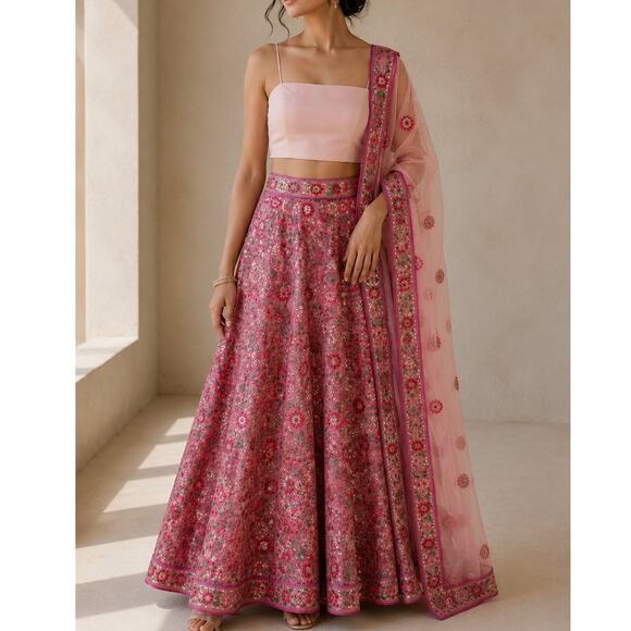 Handmade Dresses & Skirts - Handmade Pink Embroidered Lehenga Skirt Dupatta Set Beaded Sequin Formal M L